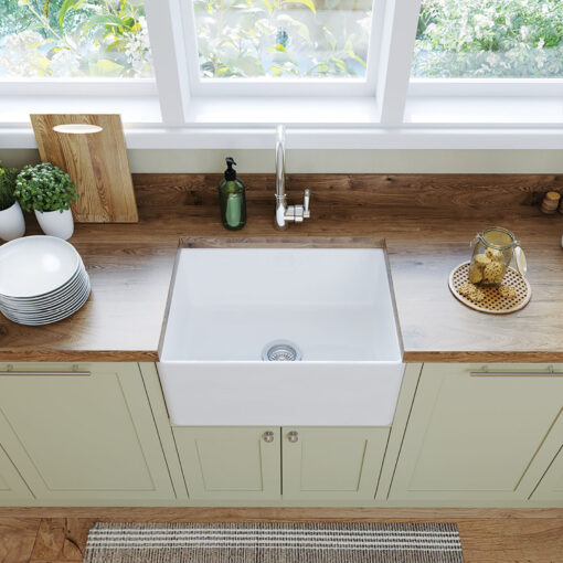 Ovia 610mm Single Bowl Fine Fireclay Farmhouse Kitchen Sink Gloss White - Image 7