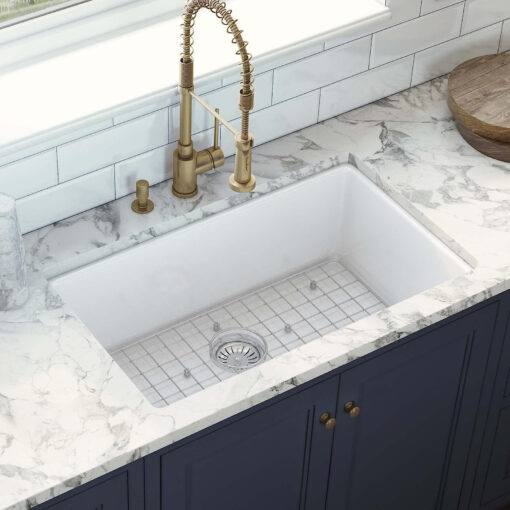 Ovia 685mm Single Bowl Fine Fireclay Farmhouse Undermount Kitchen Sink Gloss White - Image 6