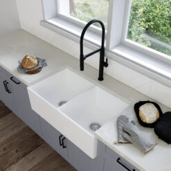 Ovia 835mm Double Bowl Fine Fireclay Farmhouse Kitchen Sink Gloss White