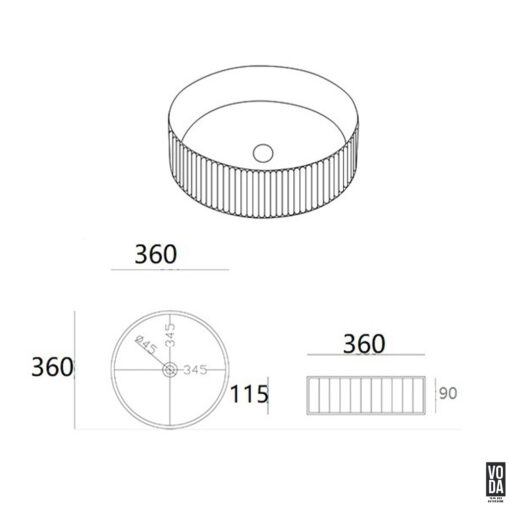 Olley 360mm Round Fluted Ceramic Above Counter Basin Gloss White - Image 2